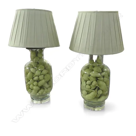 PR TABLE LAMPS; GLASS BASES w. GREEN FAUX FRUIT INSIDE, PLEATED CELADON SILK SHADES H.870mm  american plugs