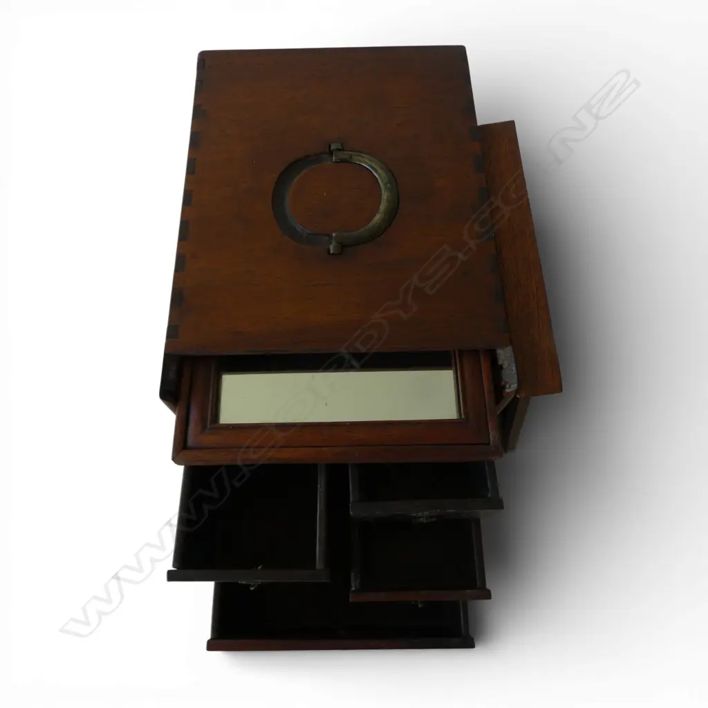 ANTIQUE APOTHECARY CASE four drawer, mirror with handle to top 195x255x190mm Image 1++