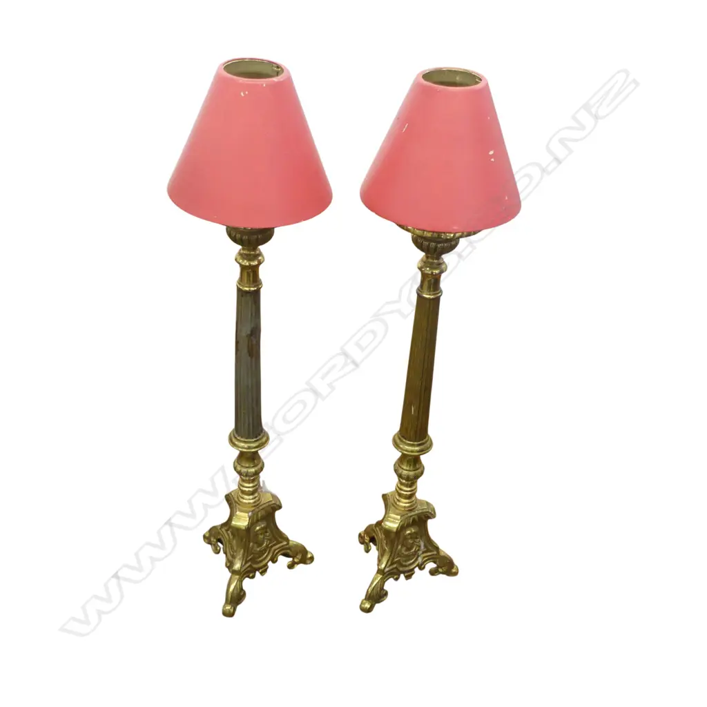PR BRASS CANDLESTICKS w. RED PAINTED SHADES H.500mm Image 1++
