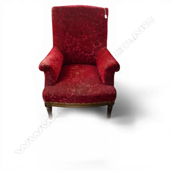 ANTIQUE FRENCH ARMCHAIR WORN RED CUT VELVET UPHOLSTERY H930MM