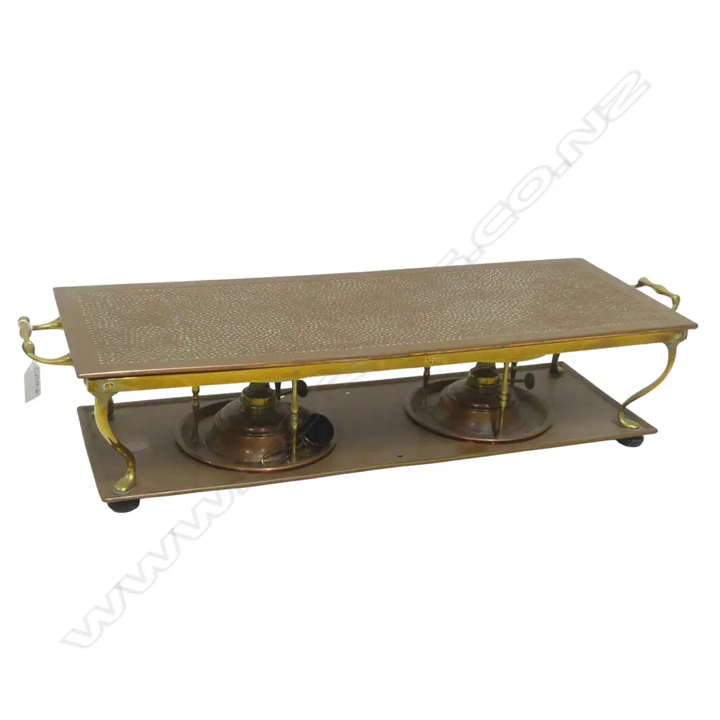 c.1900 BRASS AND COPPER TWIN BURNER WARMING STAND 'BRITISH MAKE'. L.690mm Image 1++