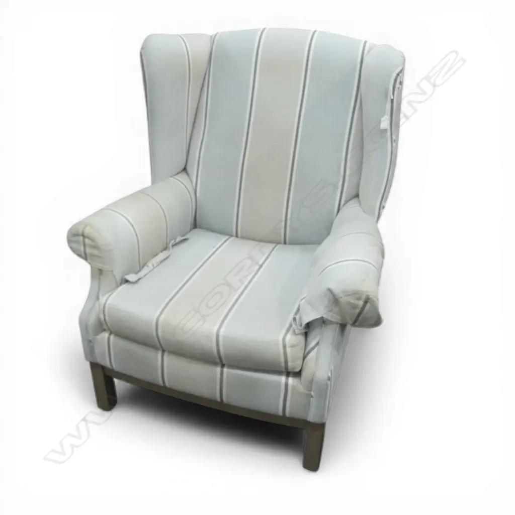 WING BACK ARMCHAIR IN STRIPED UPHOLSTERY SOME STAINS Image 1++