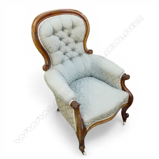 VICT WALNUT GRANDFATHER CHAIR GREY  BROCADE FABRIC