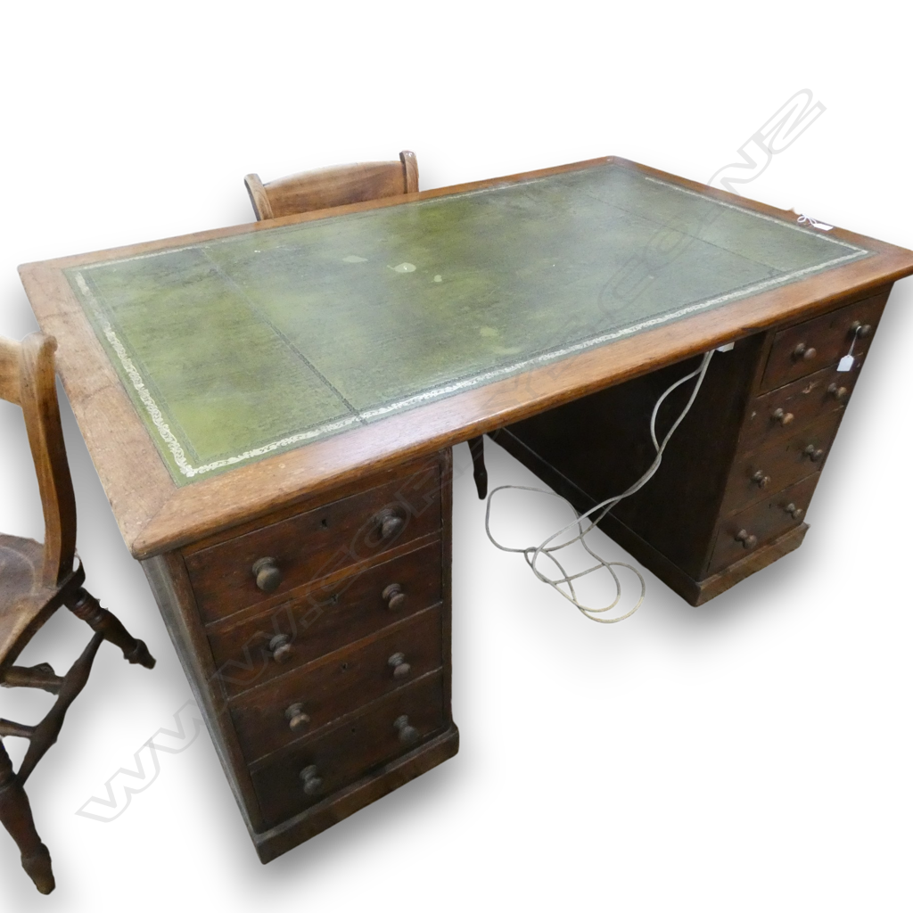 VICTORIAN OAK TWIN PEDESTAL DESK tooled green leather top 1 x 4 drawer pedestal the other w door. 1525 x 915 x 730mm Image 1++