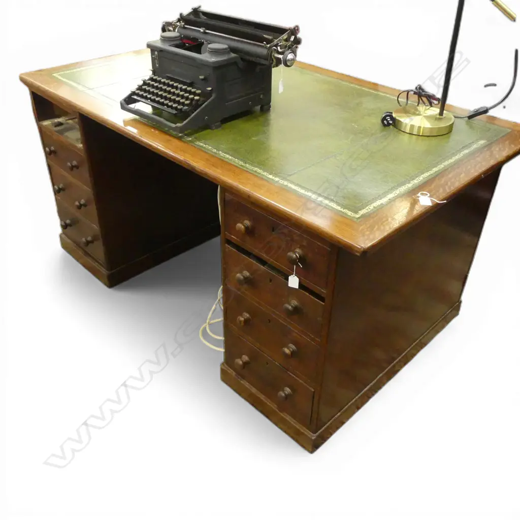 VICTORIAN OAK TWIN PEDESTAL DESK tooled green leather top 1 x 4 drawer pedestal the other w door. 1525 x 915 x 730mm Image 1++