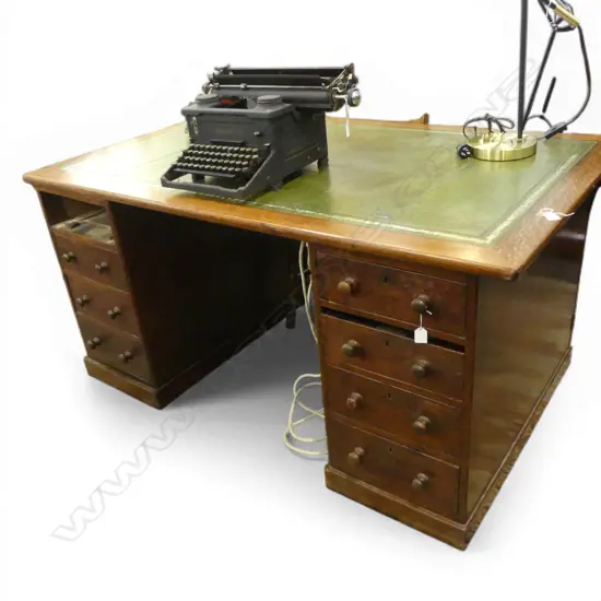 VICTORIAN OAK TWIN PEDESTAL DESK tooled green leather top 1 x 4 drawer pedestal the other w door. 1525 x 915 x 730mm