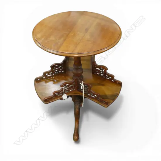 VICT WALNUT WINE TABLE WITH REVOLVING FRETWORK BOOK RACK