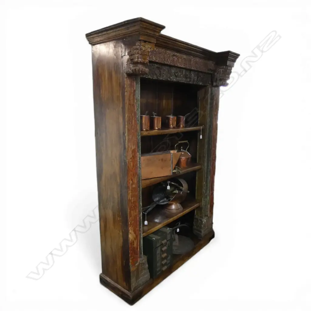 ANTIQUE CARVED SOLID WOOD INDIAN DOOR FRAME WITH FITTED SHELVES 1450x570x2120mm Image 1++