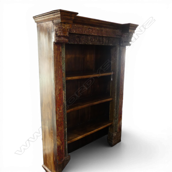 ANTIQUE CARVED SOLID WOOD INDIAN DOOR FRAME WITH FITTED BOOKSHELVES 1450x570x2120mm