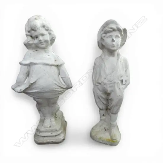 WHITE PAINTED CONCRETE GARDEN ORNAMENTS GIRL & BOY H.590mm