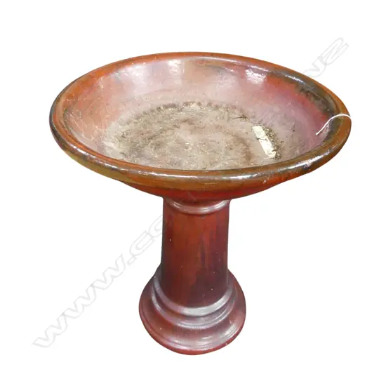 POTTERY RED GLAZED BIRD BATH ON PEDESTAL BASE H.830mm