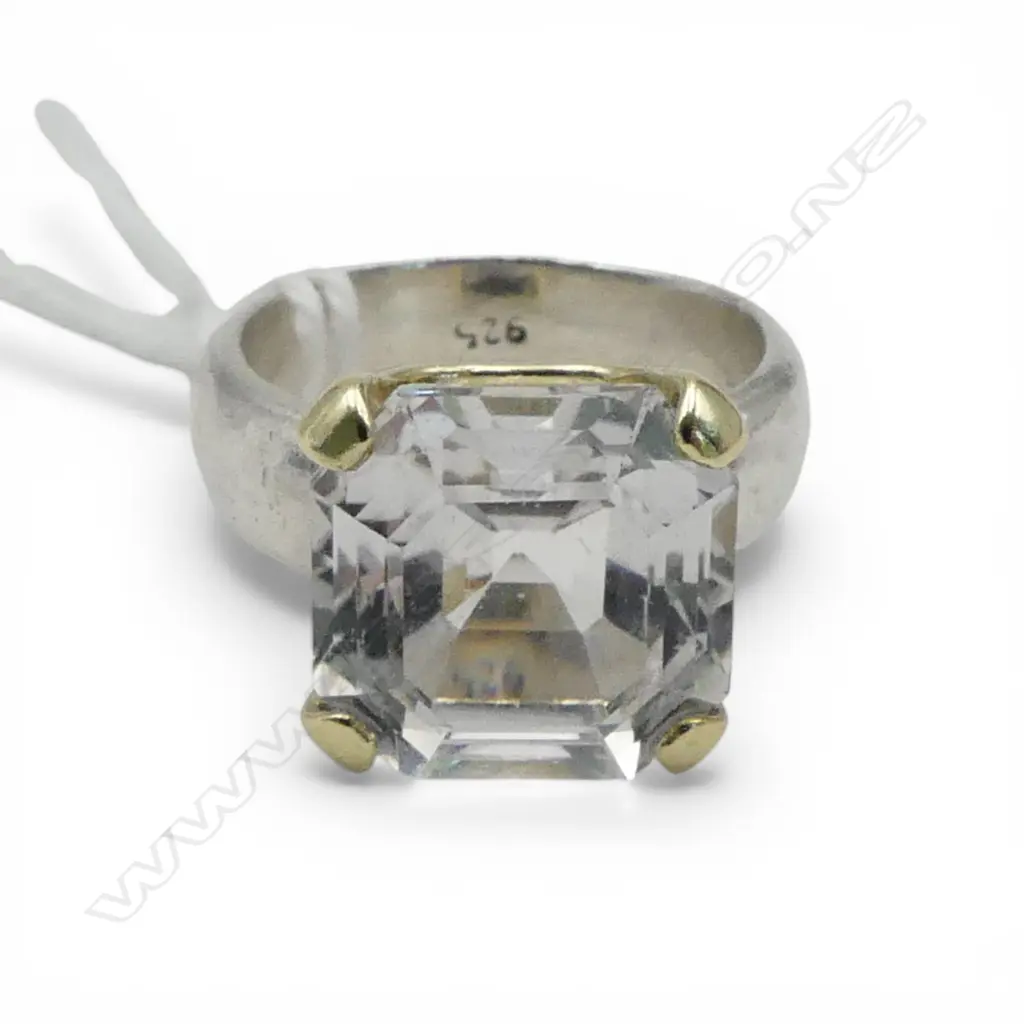 999 SILVER RING w. WHITE KUNZITE ASSCHER CUT STONE, 14CT CLAW SET 7.6gms Image 1++