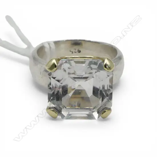 999 SILVER RING w. WHITE KUNZITE ASSCHER CUT STONE, 14CT CLAW SET 7.6gms