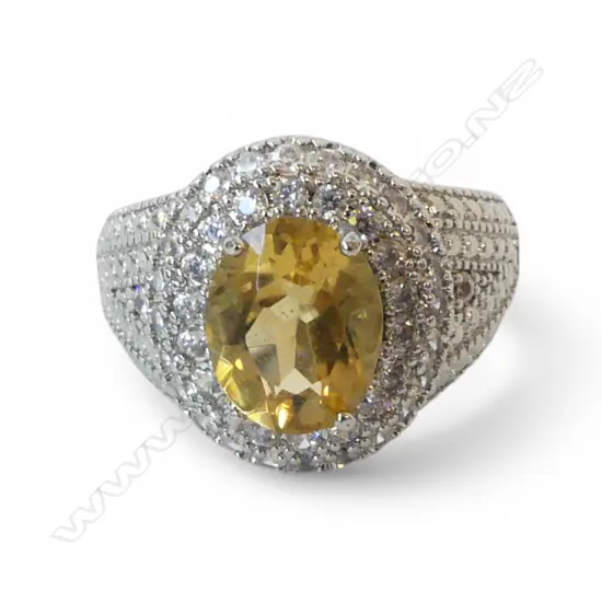 SILVER PLATED CITRINE & CZ RING, AIG CERT