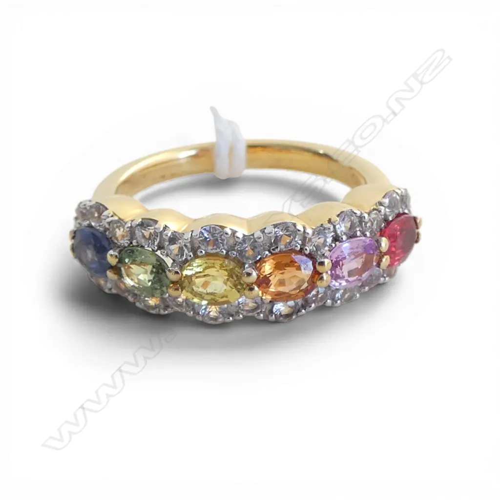 SILVER GILT MULTI COLOUR SAPPHIRE & TOPAZ  RING SIZE M Image 1++