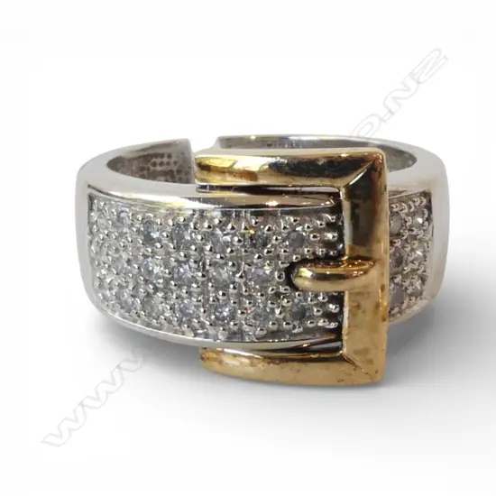 10ct white & yellow GOLD multi bead set 28 DIAMOND BUCKLE RING 6.4gms Size M1/2