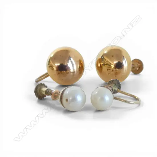 2 PRS EARRINGS; 9CT PEARL SCREW BACK 2.3gms / GP DOMED PR