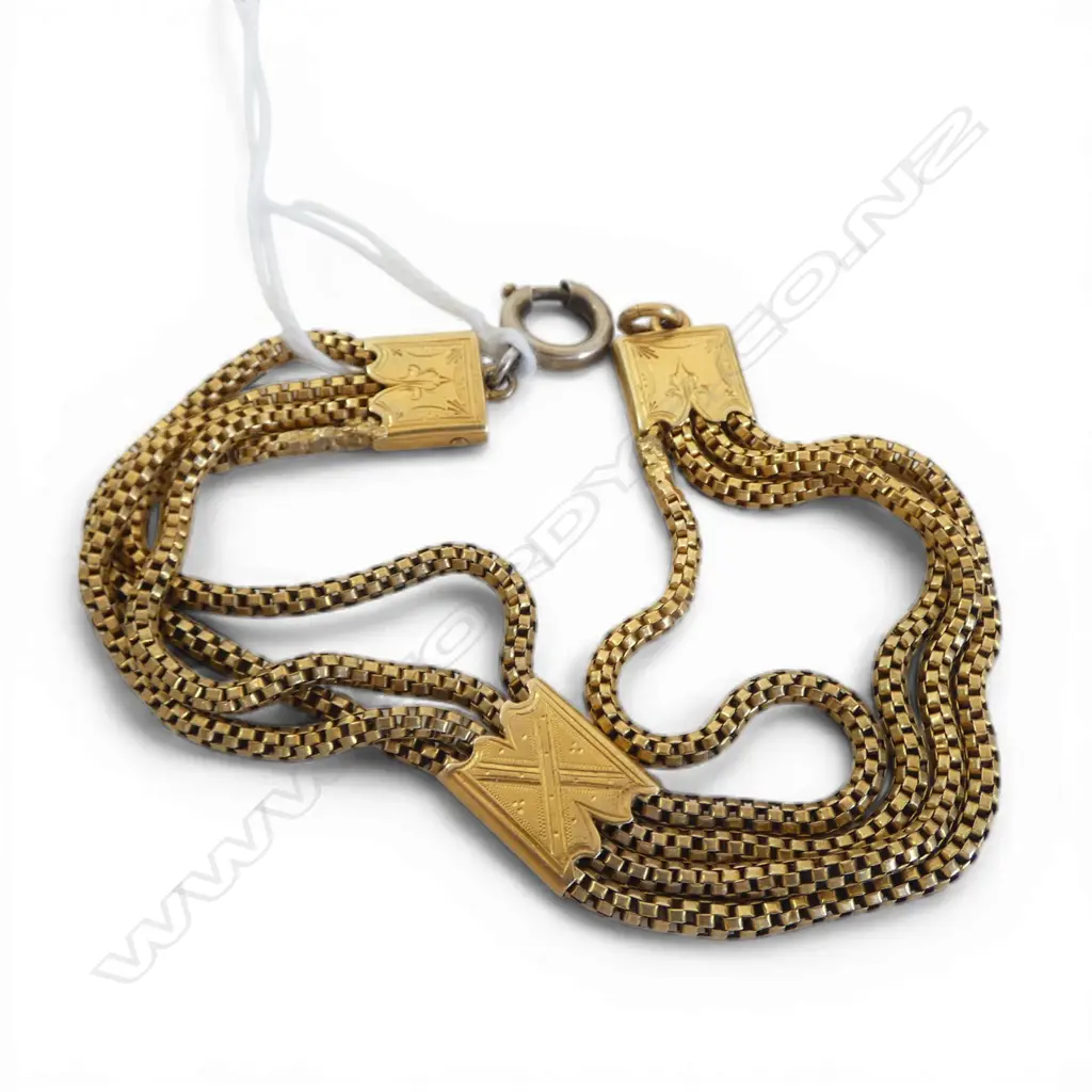 18ct YELLOW GOLD ALBERTINA CHAIN 4 strand box link w 3 engraved fittings plated clasp fitting. L.195mm. 16gms Image 1++