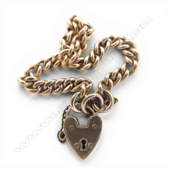 9ct ROSE GOLD CURB LINK BRACELET w. HEART CLASP, W4.9mm D2.7mm L160mm, 12.17gms saftey chain not gold WITH VALUATION