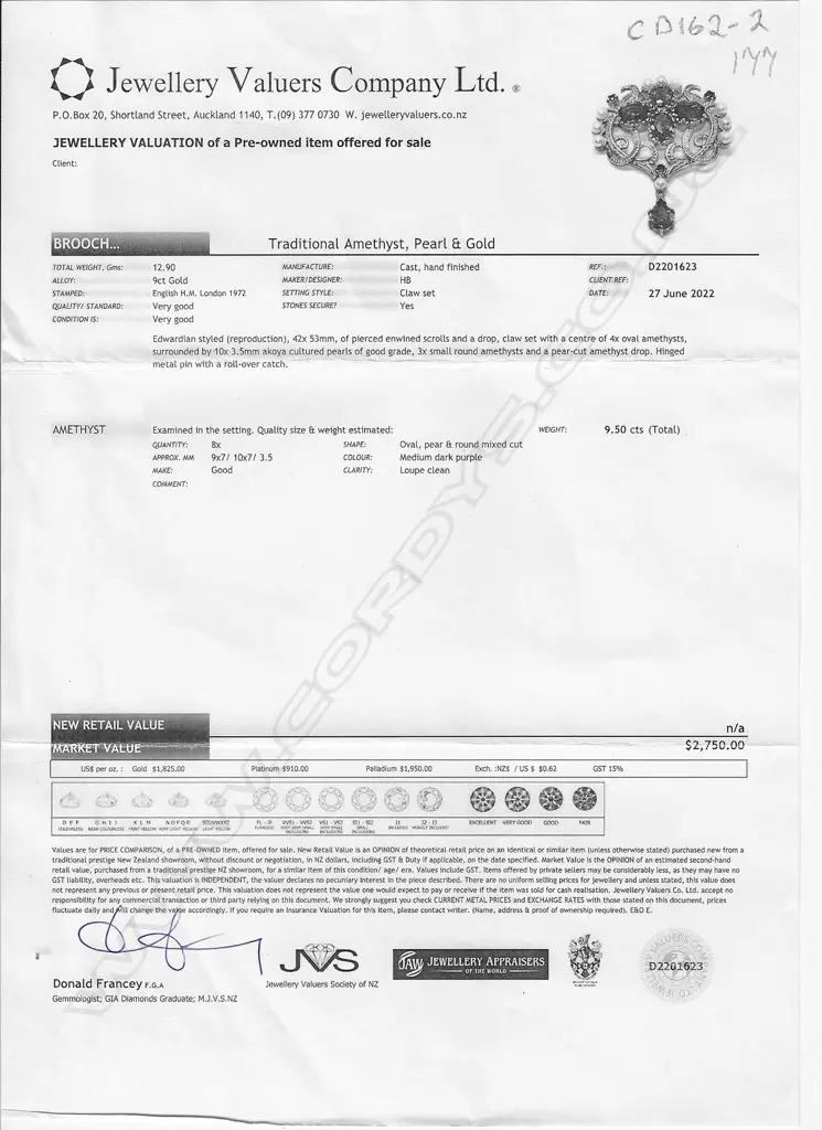 9ct GOLD AMETHYST & PEARL ANTIQUE STYLE BROOCH, 13.71gm Image 1++