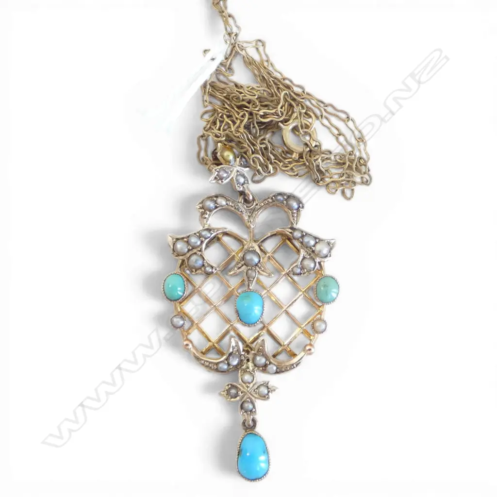9CT EDWARDIAN TUQUOISE & SEED PEARL PENDANT NECKLACE, 4.4gms Image 1++