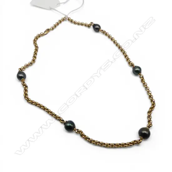 9CT NECKLACE w. 5 CULTURED SOUTH SEAS PEARLS L.460mm 30gms + VAL
