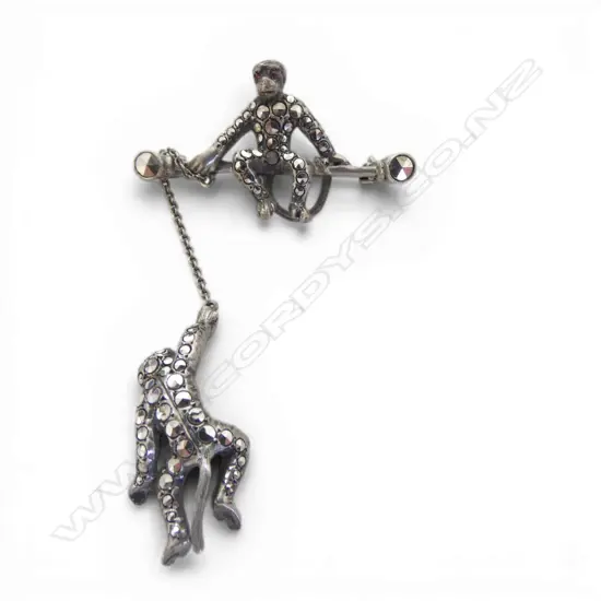 SILVER & MARCASITE BROOCH, MONKEY ON BRANCH, ANOTHER HANGING LOOSE H.80mm