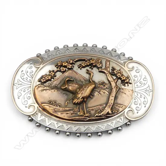 STG SILVER BROOCH w. GOLD HIGHLIGHTS; JAPANESE DESIGN, CRANES & MT. FUJI 45x63mm 22.7gms