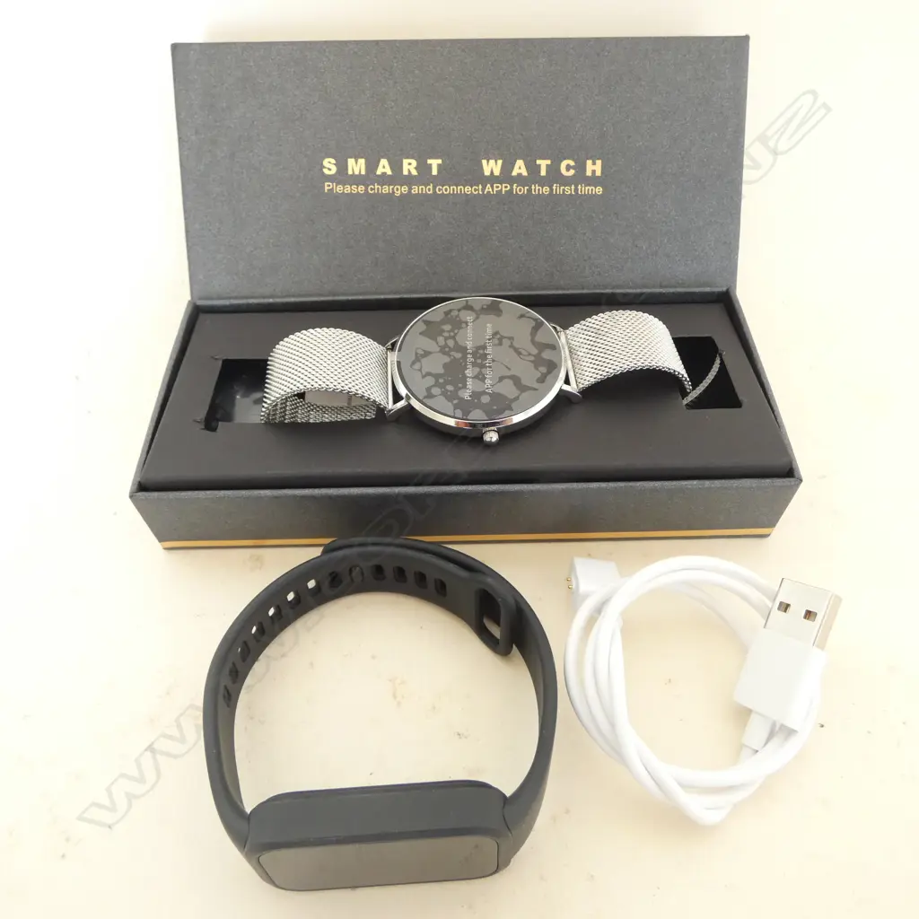 SMART WATCH IN SILVER TONE (AS NEW) WITH BOX AND INSTRUCTIONS + A FITNESS WATCH WITH CHARGER  Image 1++