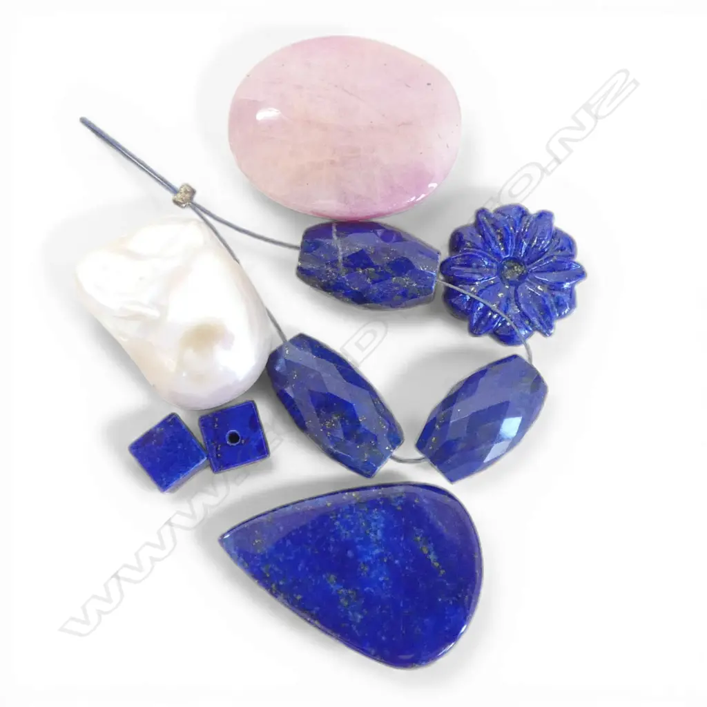 ASST. LAPIS BEADS & CUT STONES, PINK/WHT CLOUDY SAPPHIRE CABOCHON, 60.72ct & KEISHI PEARL PEARL  not drilled Image 1++