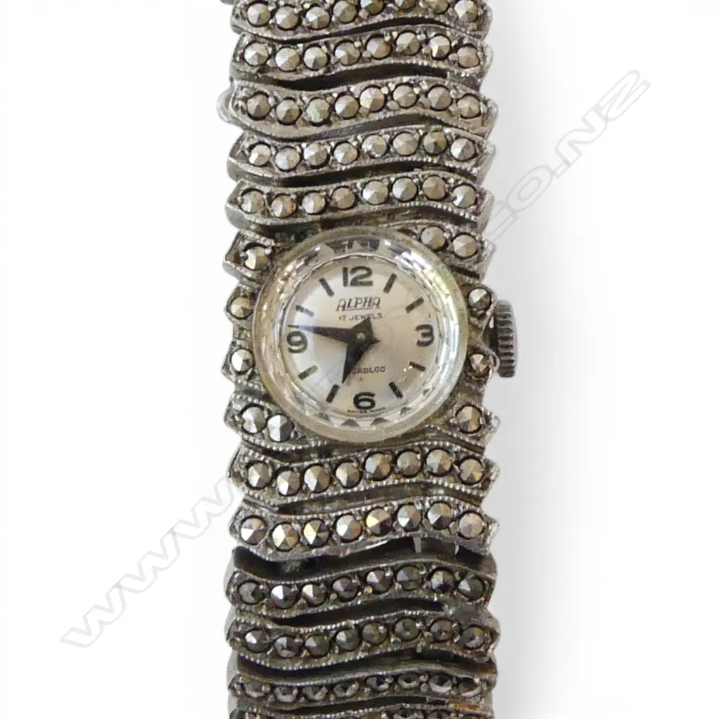 LADIES S/SILVER & MARQUISITE WRISTWATCH 54GMS TOTAL WEIGHT Image 1++