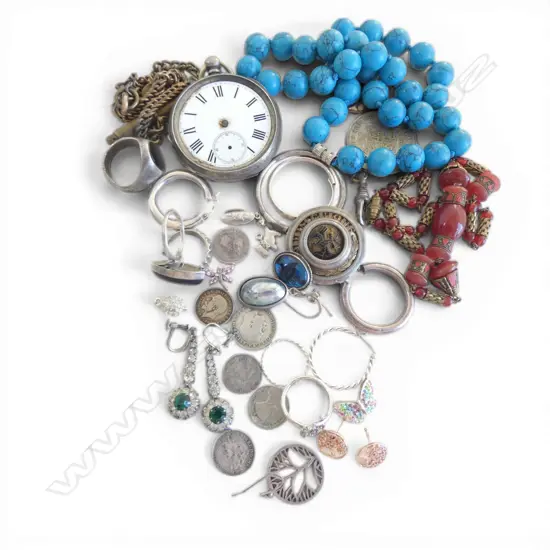 ASST. JEWELLERY + SILVER WATCH a.f: earrings + watch chain + NZ W. Good watch key + old coins etc