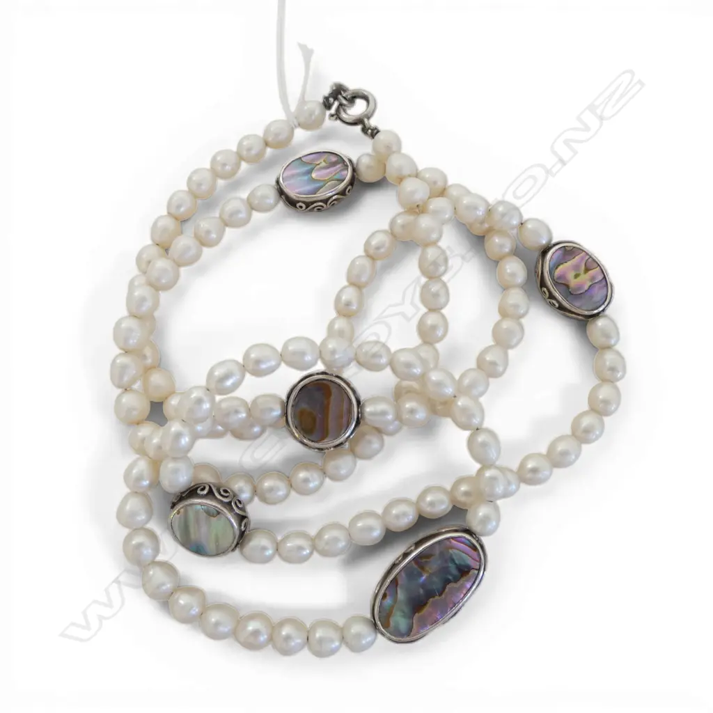 LONG PEARL NECKLACE with paua & silver links.L.980mm Image 1++