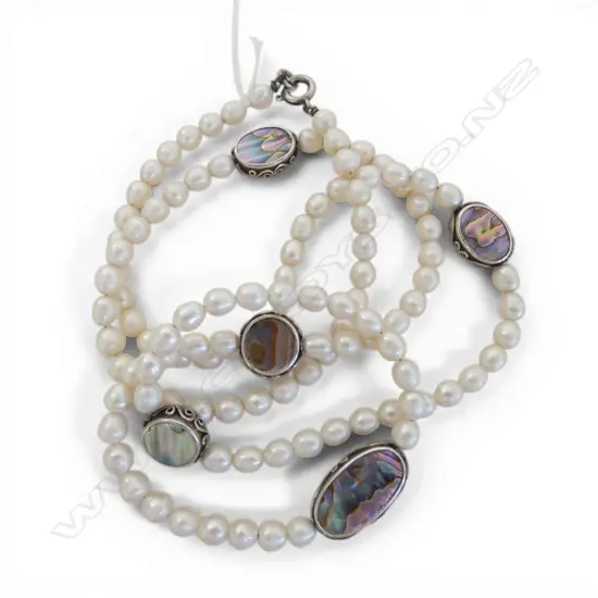 LONG PEARL NECKLACE with paua & silver links.L.980mm