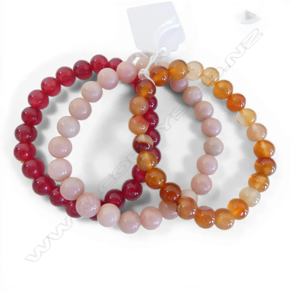 3 BEAD BRACELETS, RED JADE, PINK OPAL & CORAL QUARTZ, elasticised Image 1++