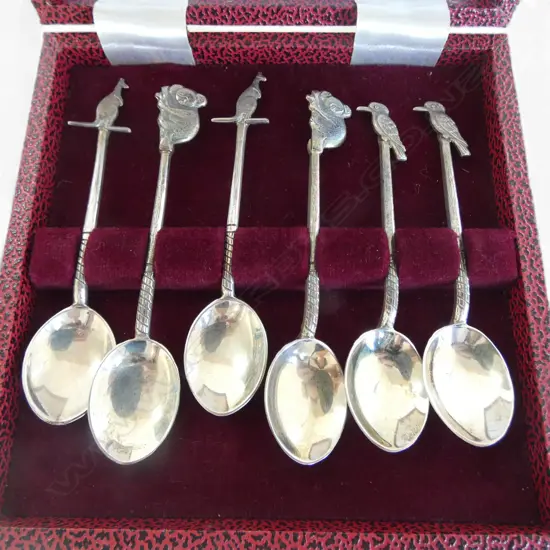 AUSTRALIAN VINTAGE SET 6 'PROUDS' SILVER .925 COFFEE SPOONS birds & animals. 47gms 