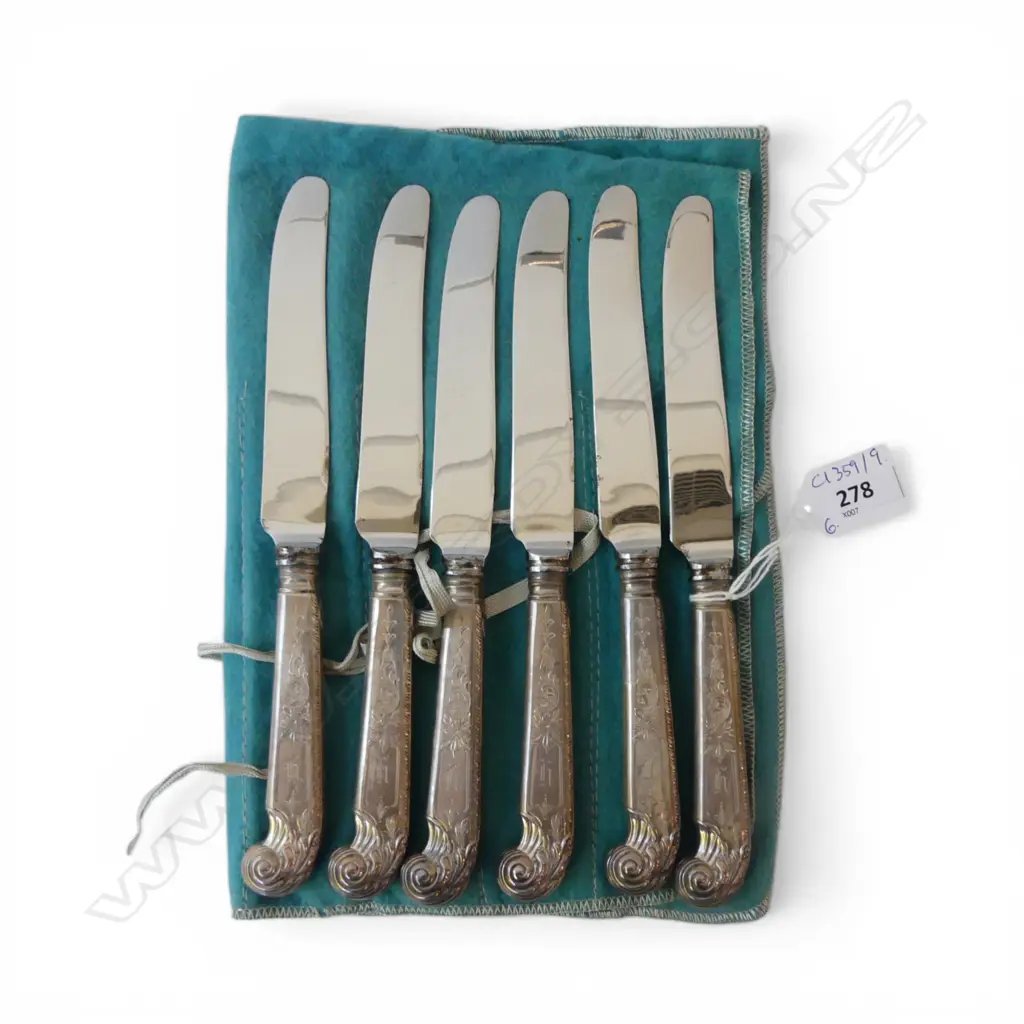 6 CANADIAN STG SILVER PISTOL HANDLED KNIVES, BIRKS 1950 L.230mm Image 1++