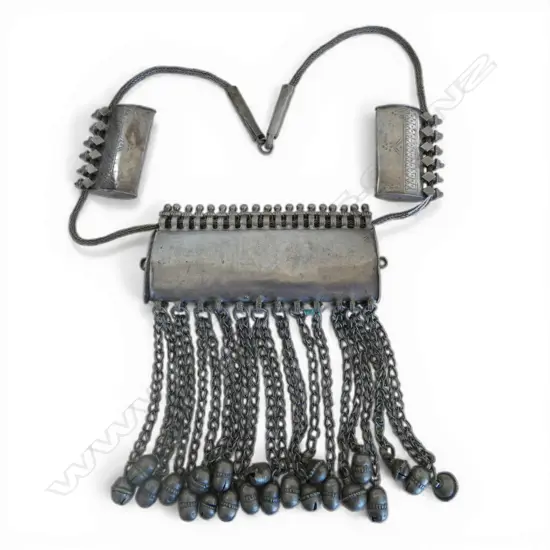 OLD MIDDLE EASTERN LOW GRADE SILVER ? LGE NECKLACE w long tassel bell fringe to the prayer box
