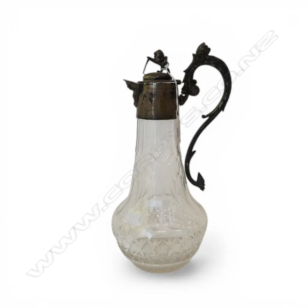 VICTORIAN '1870' SILVER PLATE MOUNTED & CUT GLASS CLARET JUG. Lion finial. H,290mm Image 1++