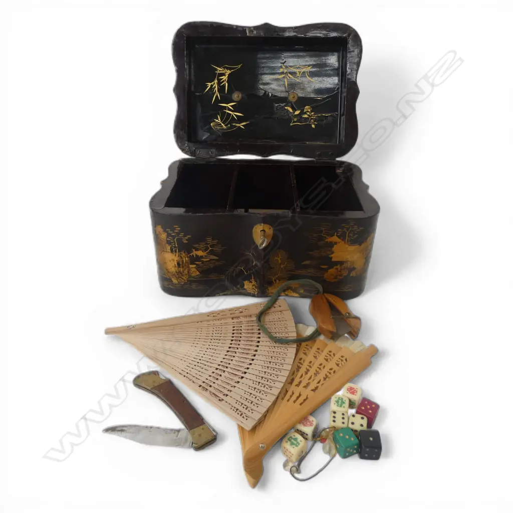 ORIENTAL BOX w. KEY, ASST. DICE, 2 FANS, etc Image 1++