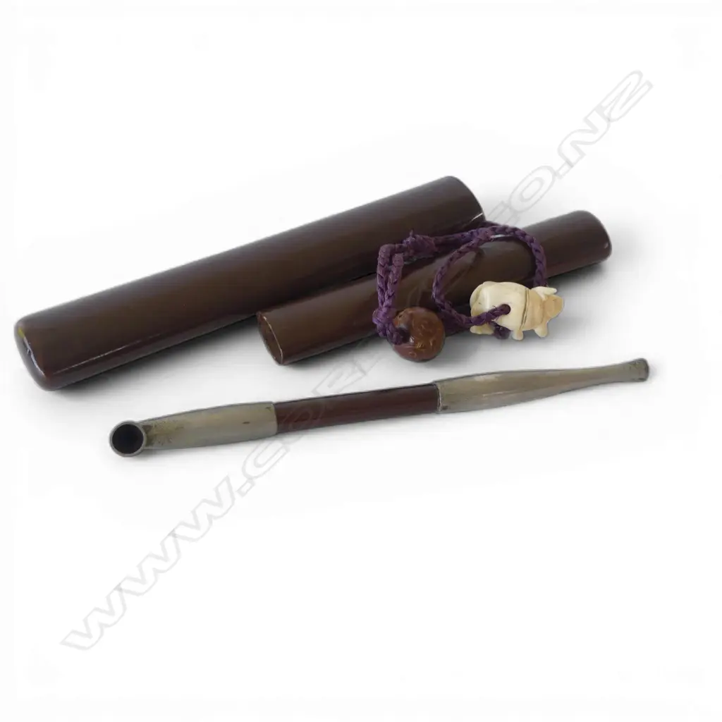 JAPANESE LACQUER CASE w. PIPE, BEAD & IVORY NETSUKE faults Image 1++