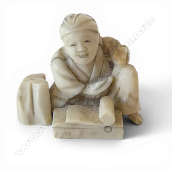 JAPANESE CARVED IVORY NETSUKE poet SIGNED W.360mm
