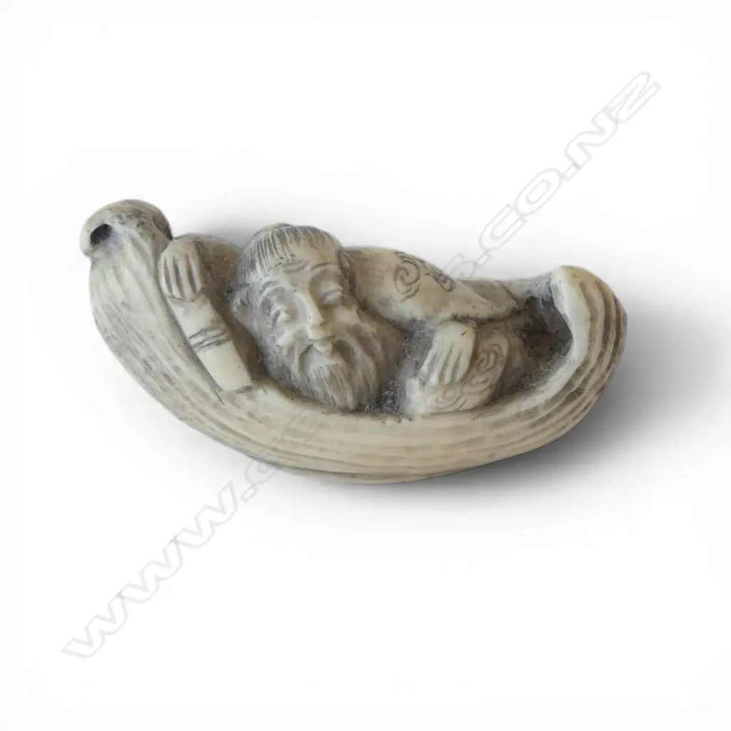 JAPANESE CARVED IVORY NETSUKE reclining scholar SIGNED W.55mm Image 1++