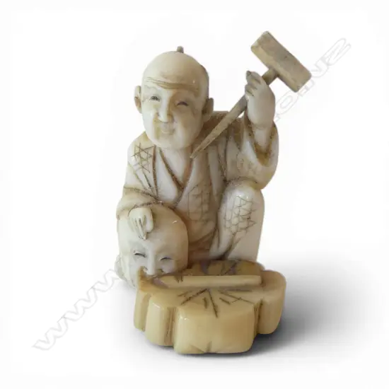 JAPANESE CARVED IVORY NETSUKE mask maker SIGNED H.320mm
