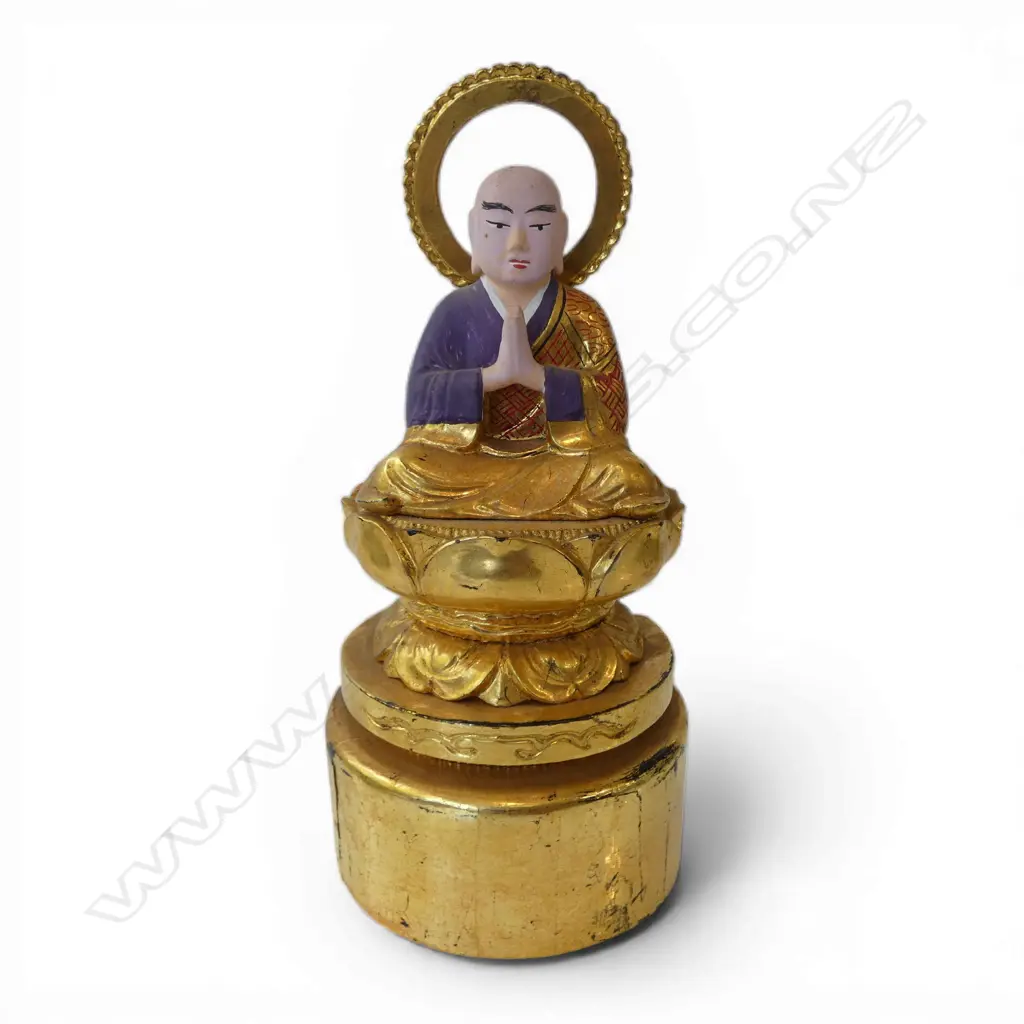 PAINTED BUDDHA ON GILT WOOD STAND H.275mm Image 1++