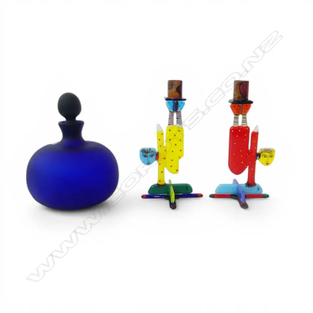 PR OF ART GLASS FIGURAL CANDLESTICKS signed PB? H.210mm + BLUE GLASS BOTTLE Image 1++