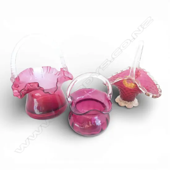 3 EDWARDIAN CRANBERRY GLASS BASKETS H200MM TALLEST