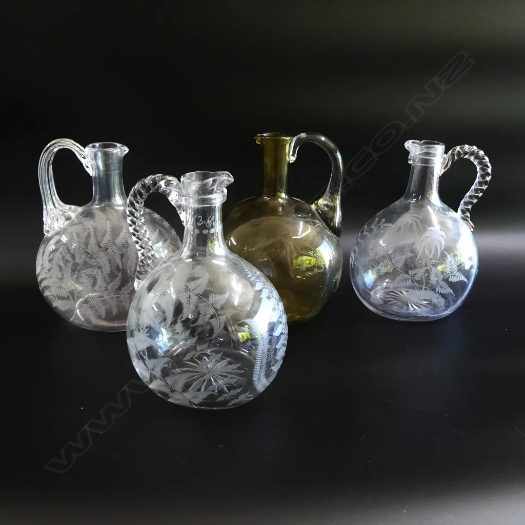 4 19thC GLASS WINE FLASKS MOUTH BLOWN: 3 fern engraved clear glass + amber w optical ribbing  H.190mm Image 1++