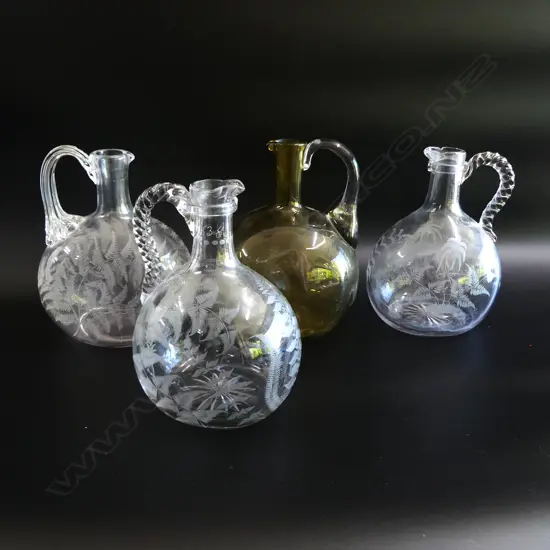 4 19thC GLASS WINE FLASKS MOUTH BLOWN: 3 fern engraved clear glass + amber w optical ribbing  H.190mm