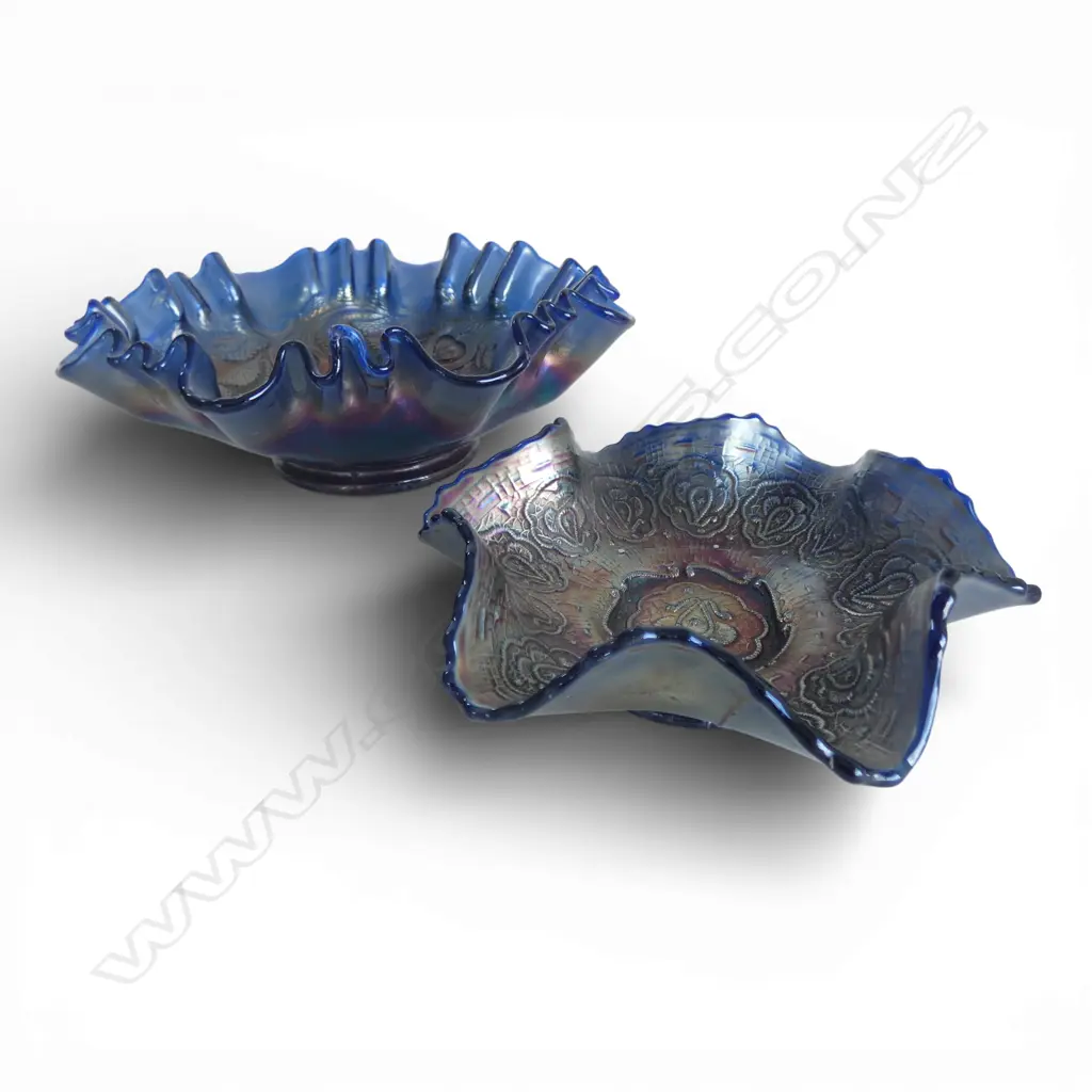2 BLUE CARNIVAL GLASS BOWLS 210mm dia Image 1++